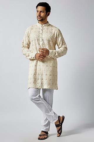 cream dupion silk lucknowi embroidered kurta set for boys