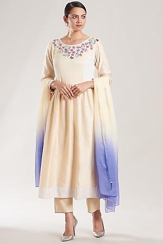 cream embellished anarkali set