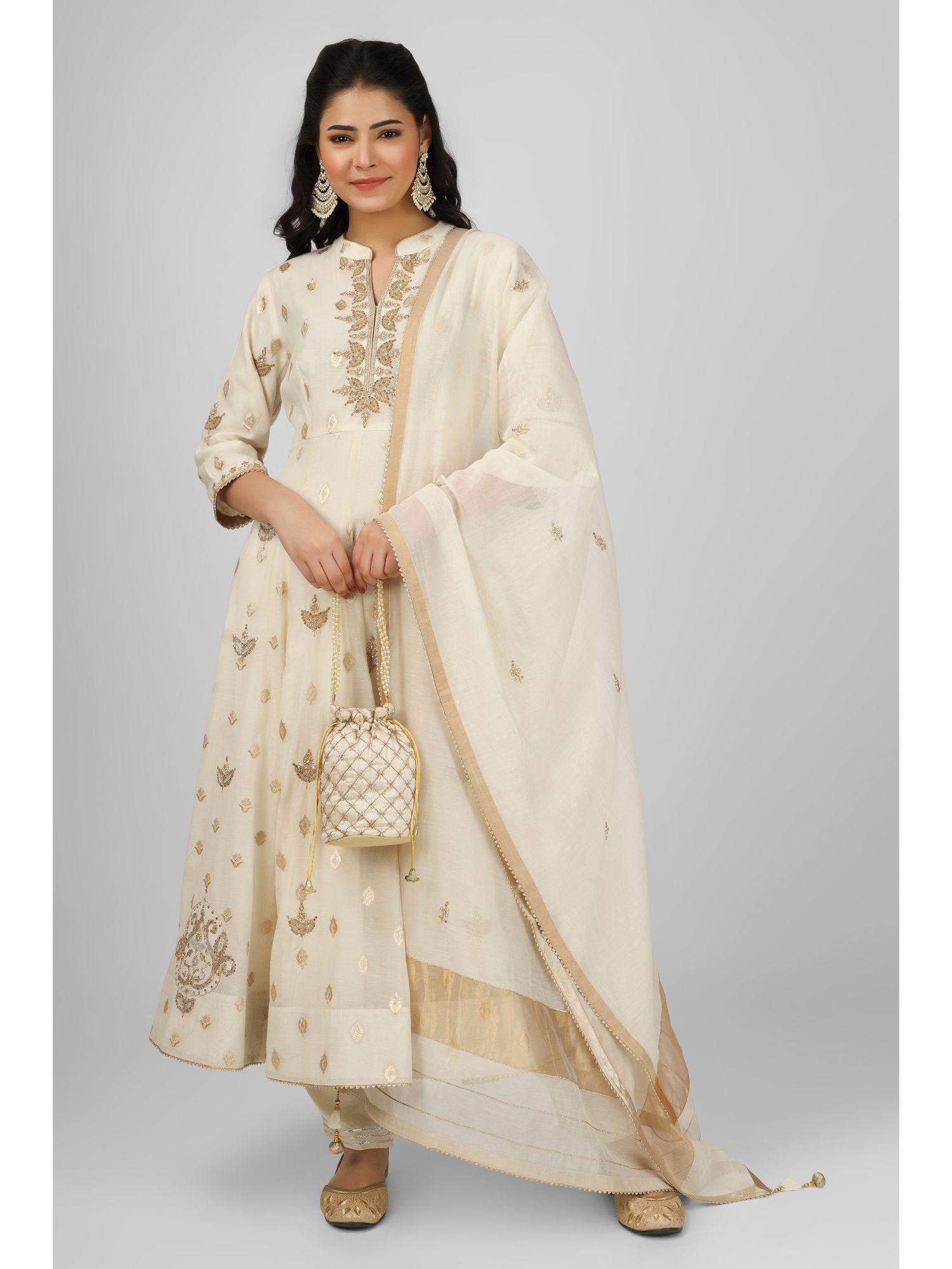 cream embellished chanderi anarkali kurta with pant & dupatta (set of 3)