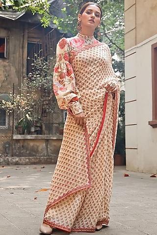 cream embroidered & printed saree set