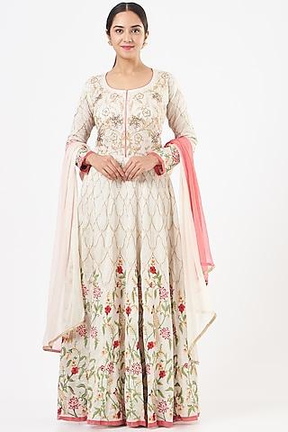 cream embroidered anarkali set