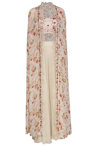 cream embroidered blouse with palazzo pants with cape