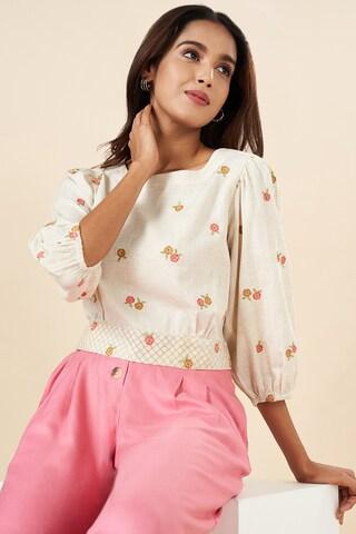 cream embroidered casual 3/4th sleeves round neck women regular fit  top