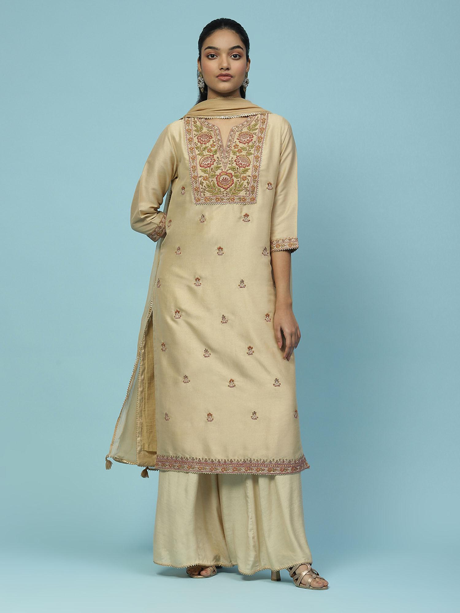 cream embroidered kurta with palazzo and dupatta (set of 3)