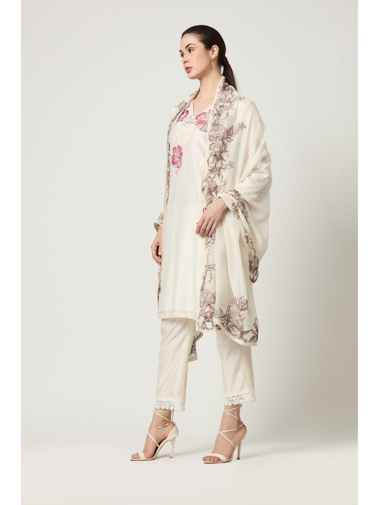 cream embroidered kurta with pant (set of 2)