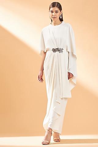 cream embroidered pleated dress