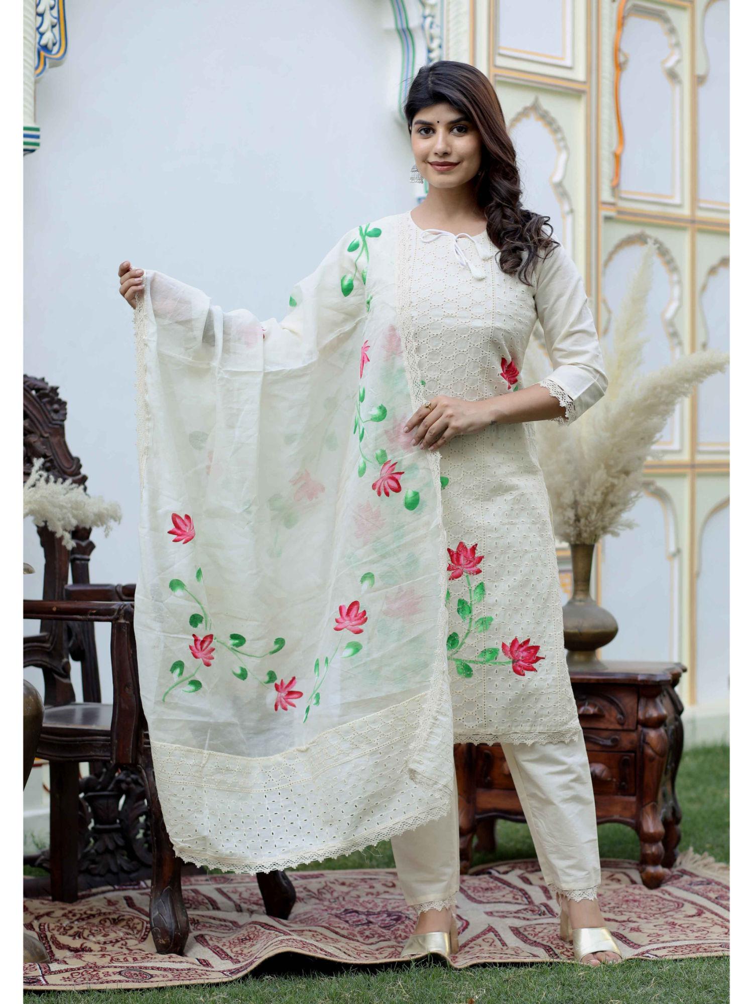 cream embroidered printed cotton kurta pant with dupatta (set of 3)