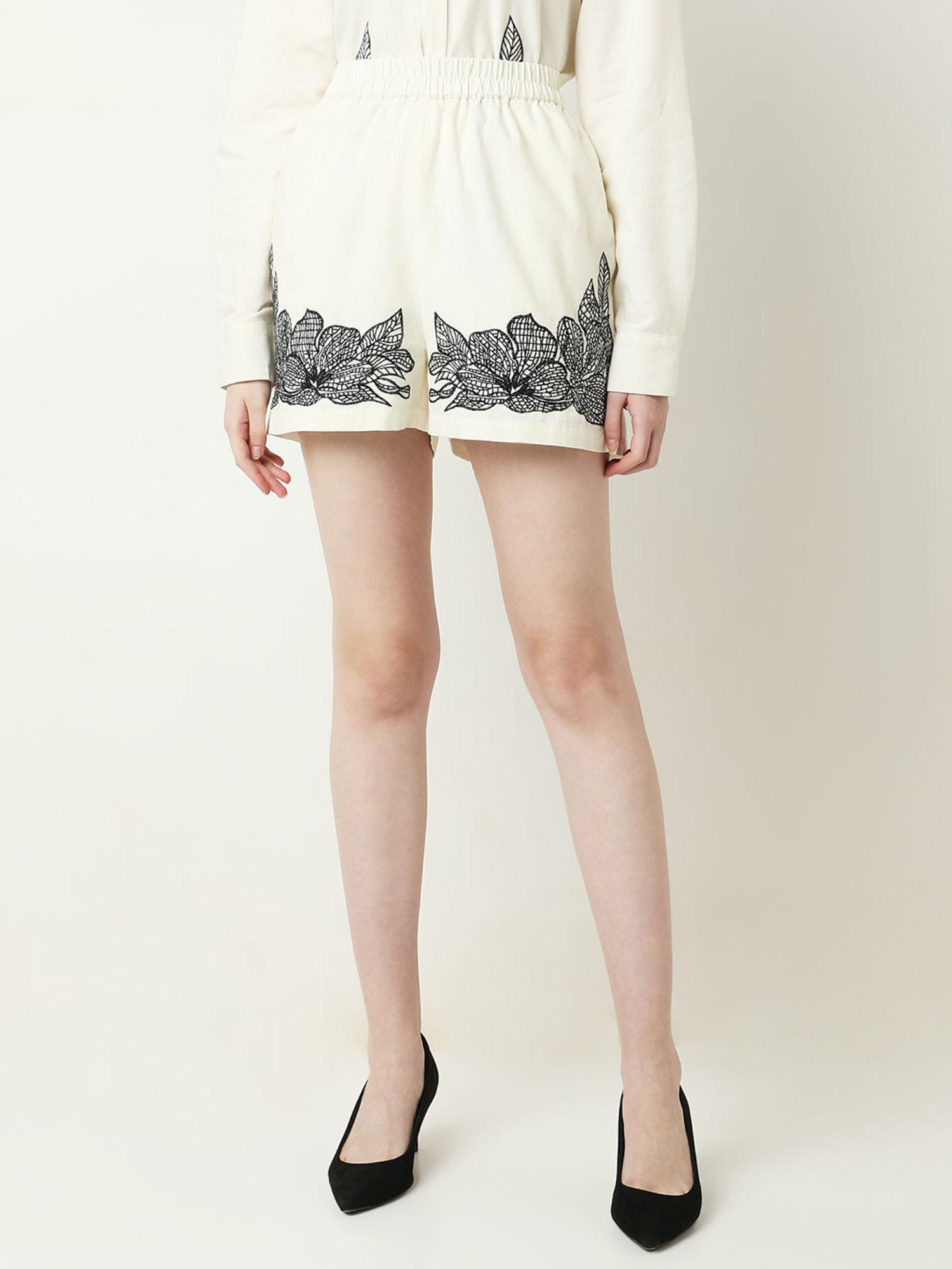 cream embroidered shorts