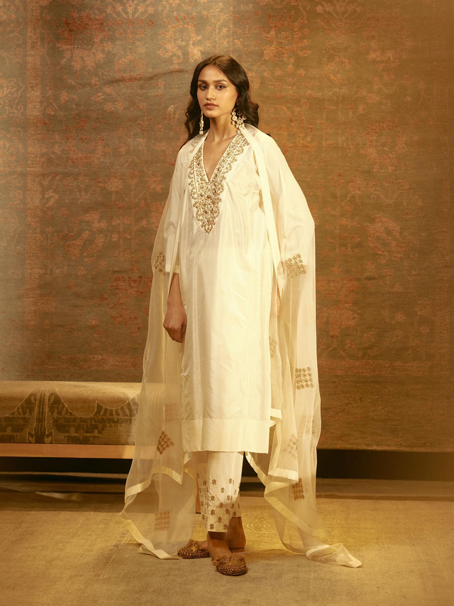 cream embroidered silk kurta with pant (set of 2)