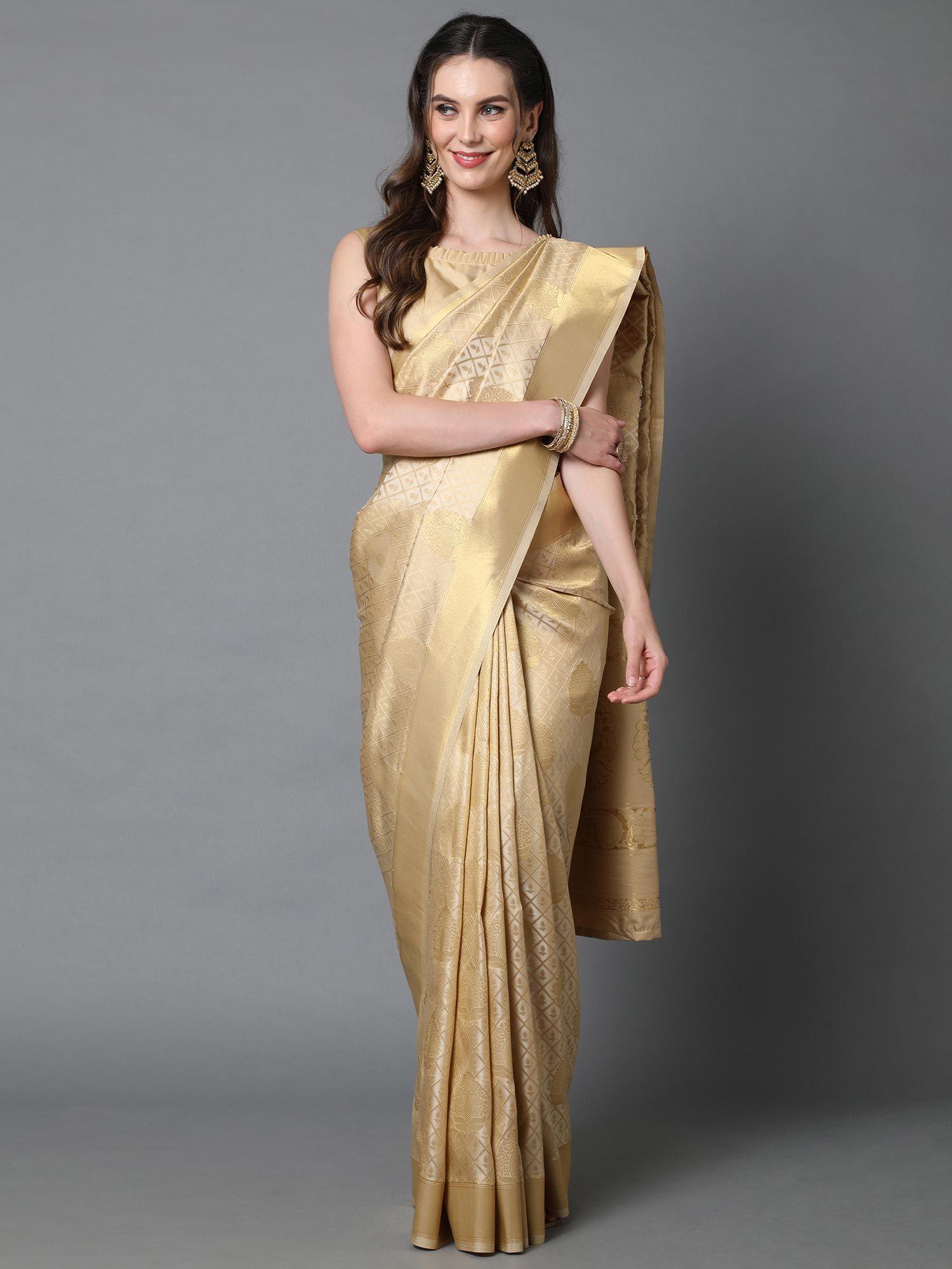 cream festive kanjivaram silk woven design saree with unstitched