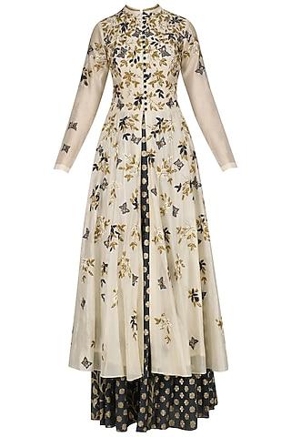 cream floral embroidered anarkali kurta and blue skirt set