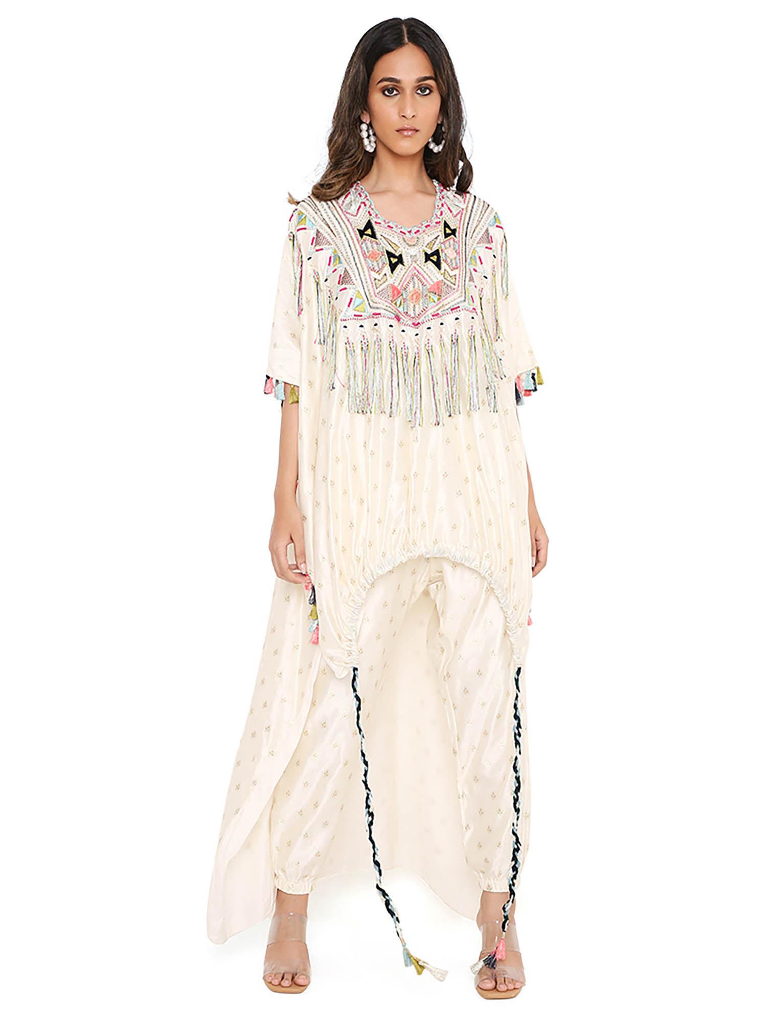 cream floral embroidered kaftan with pant (set of 2)