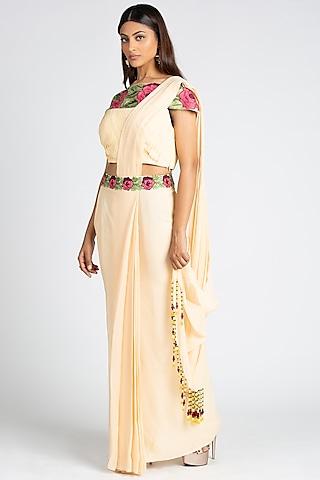 cream floral embroidered pre-stitched saree