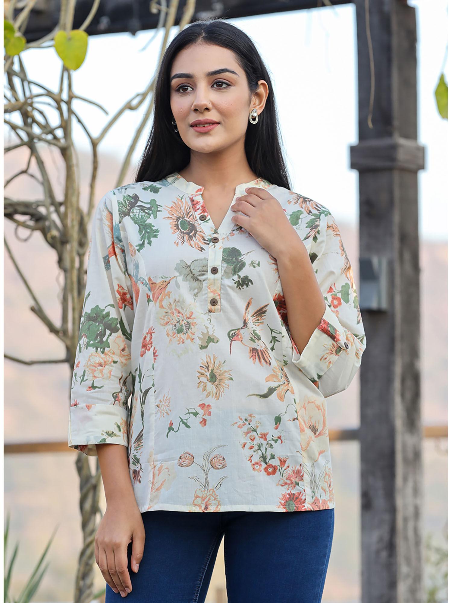 cream floral print cotton tunic