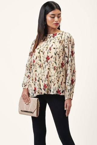 cream floral printed casual full sleeves boat neck women regular fit top