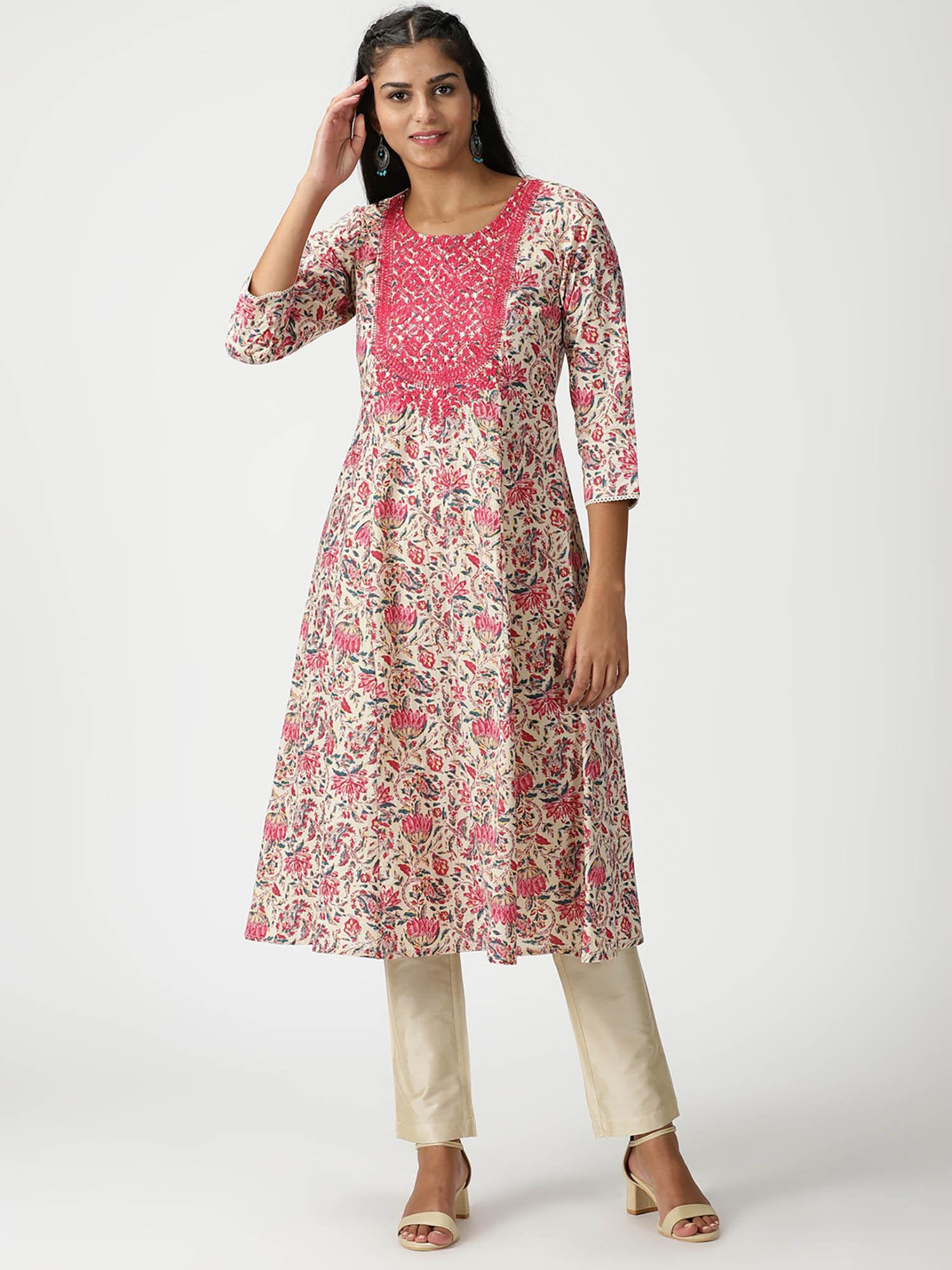 cream floral printed cotton kurta with yoke embroidery