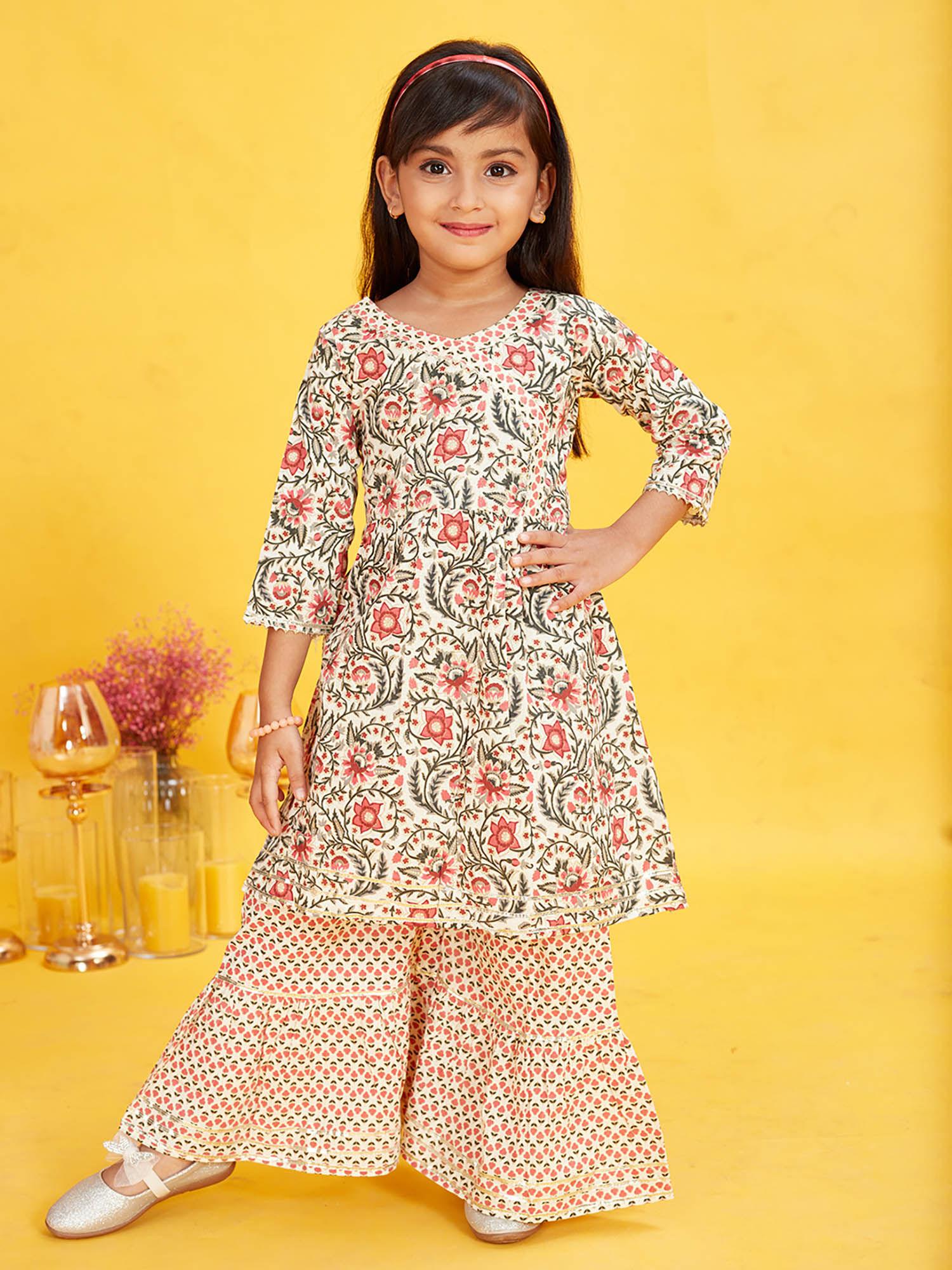 cream floral printed kurta and sharara (set of 2)