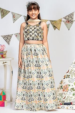 cream garden printed lehenga set for girls