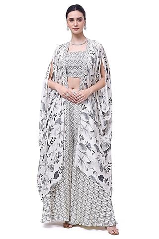 cream-grey satin printed cape set