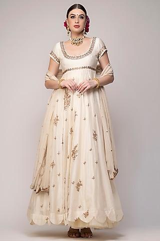 cream hand embroidered anarkali set