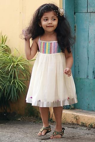 cream handloom striped dress for girls