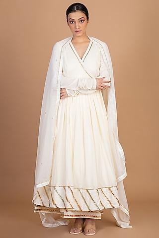 cream ivory cotton gota embroidered angrakha kurta set