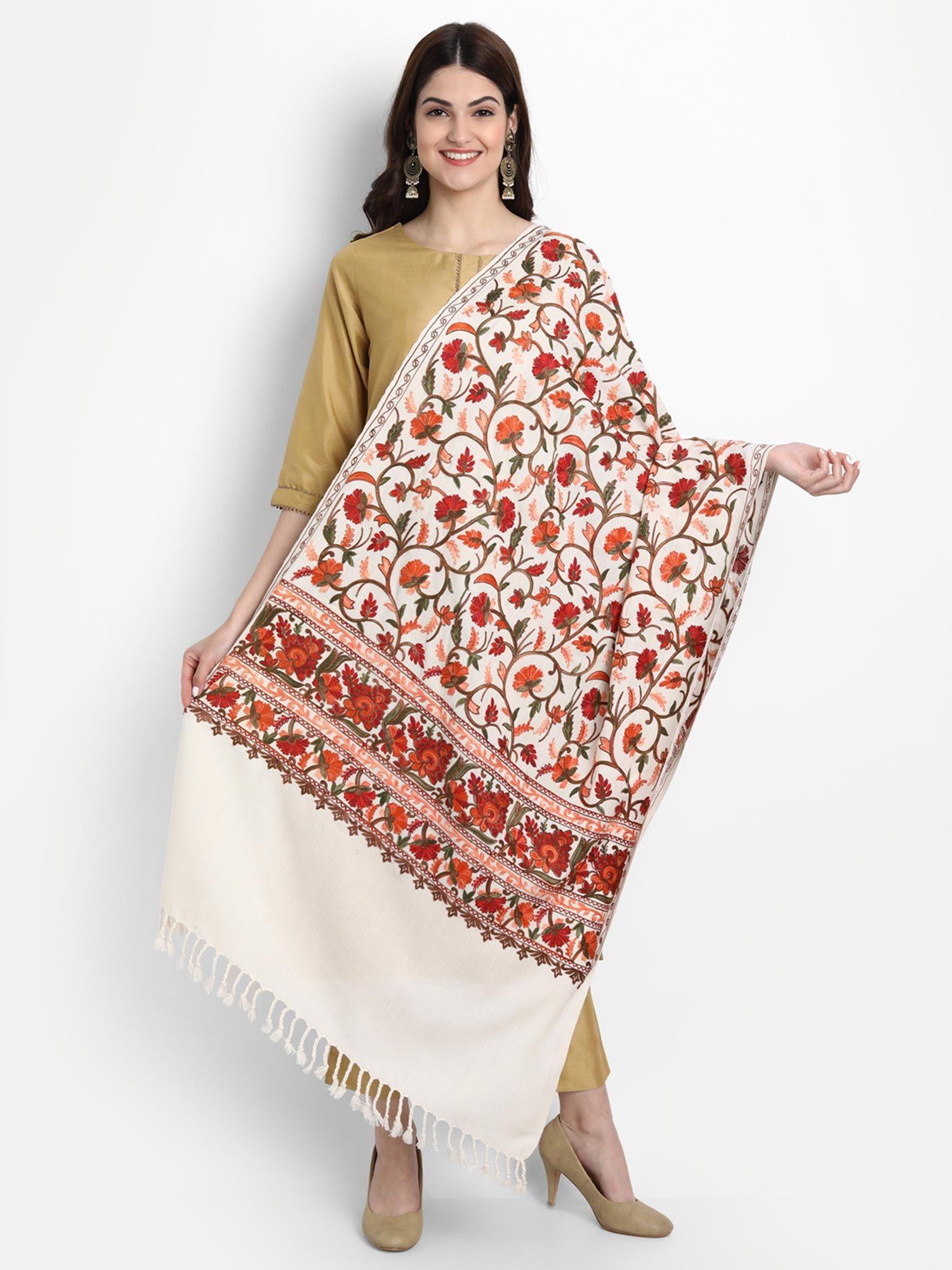 cream kashmiri aari embroidery kadhai woollen shawl
