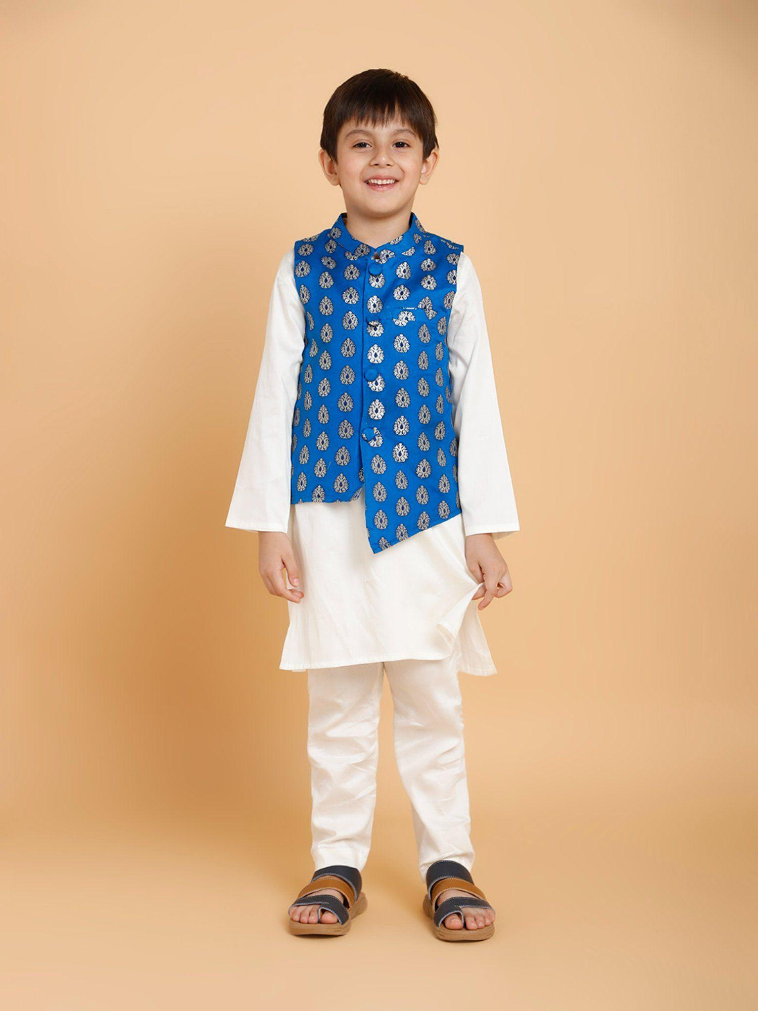 cream kurta pyjama with blue jacket printed (set of 3)