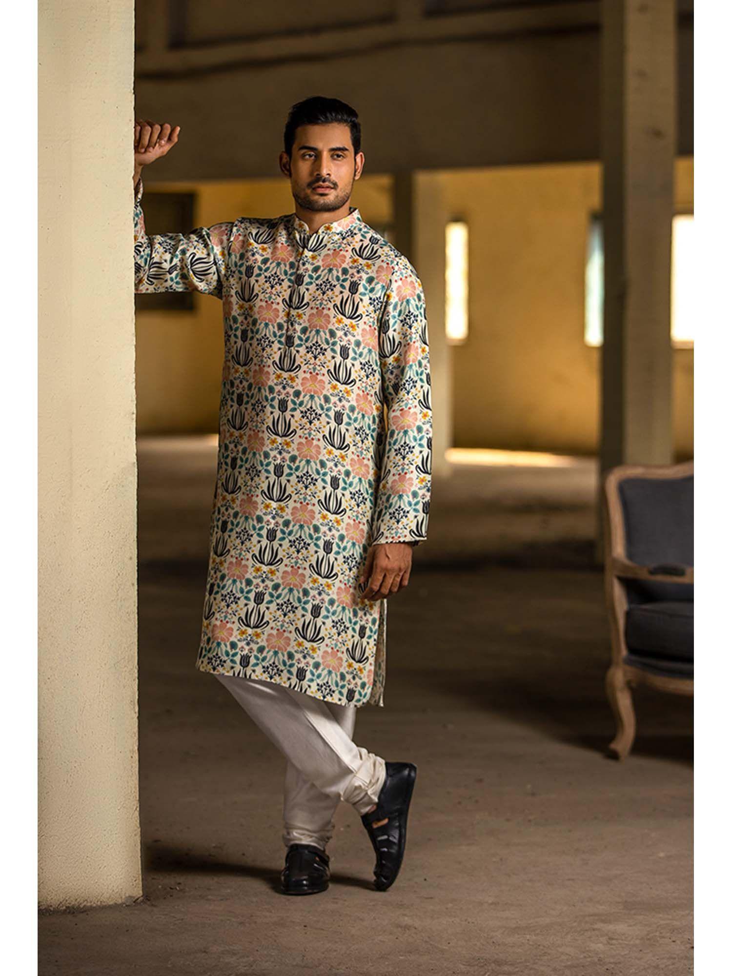 cream kurta with off white churidar - set of 2