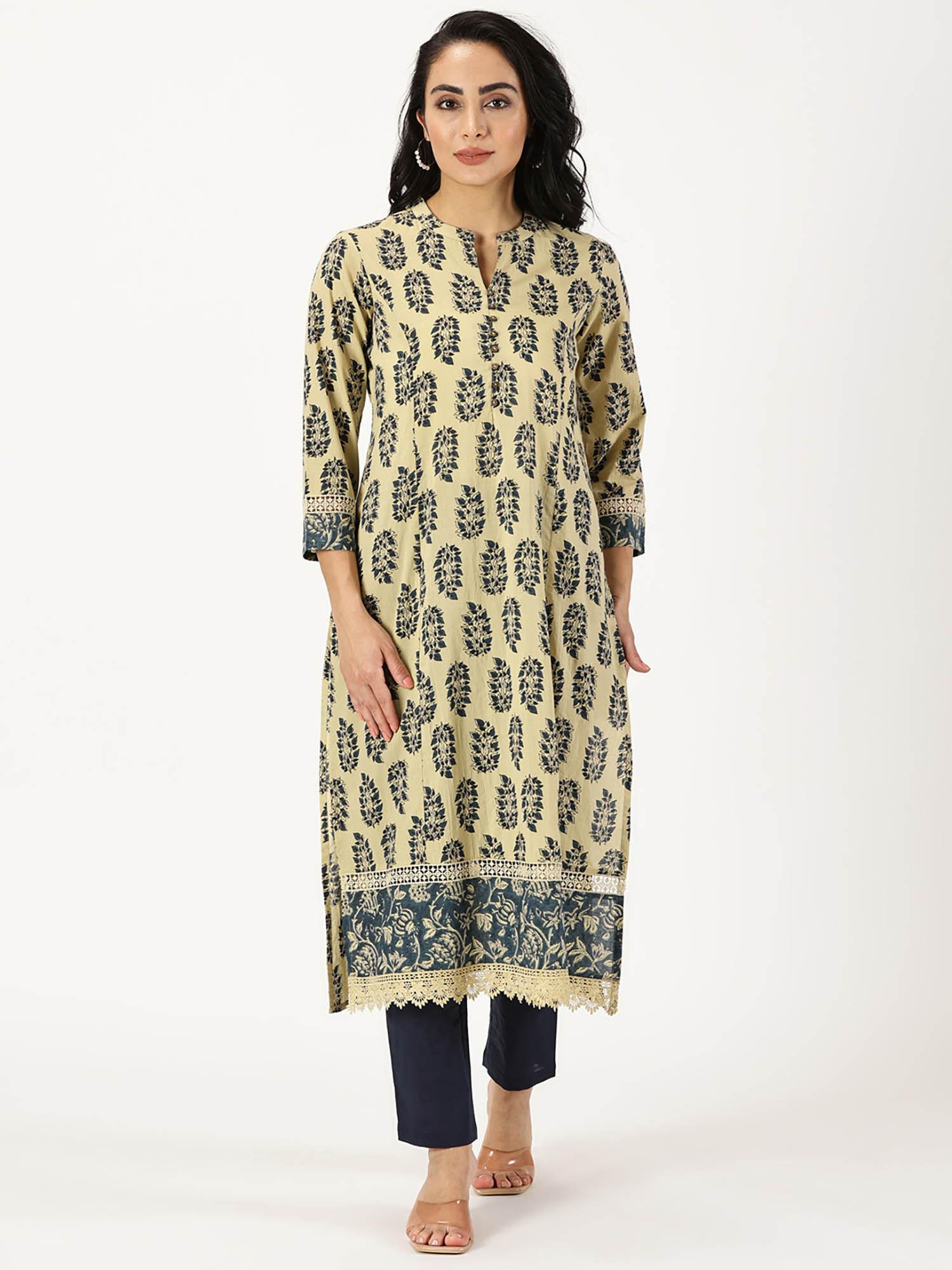 cream leaf print kurta with contrast border