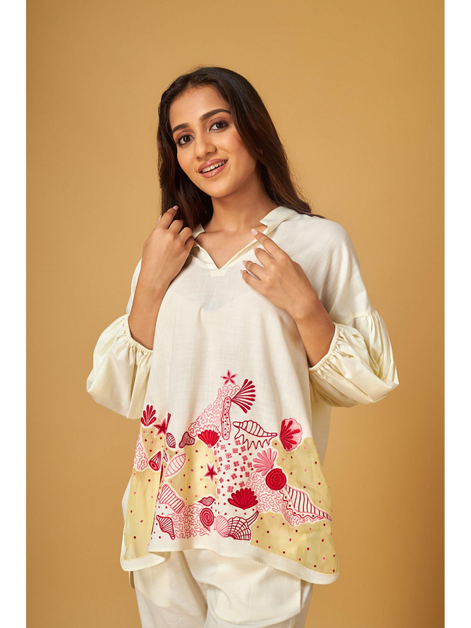 cream linen embroidered top