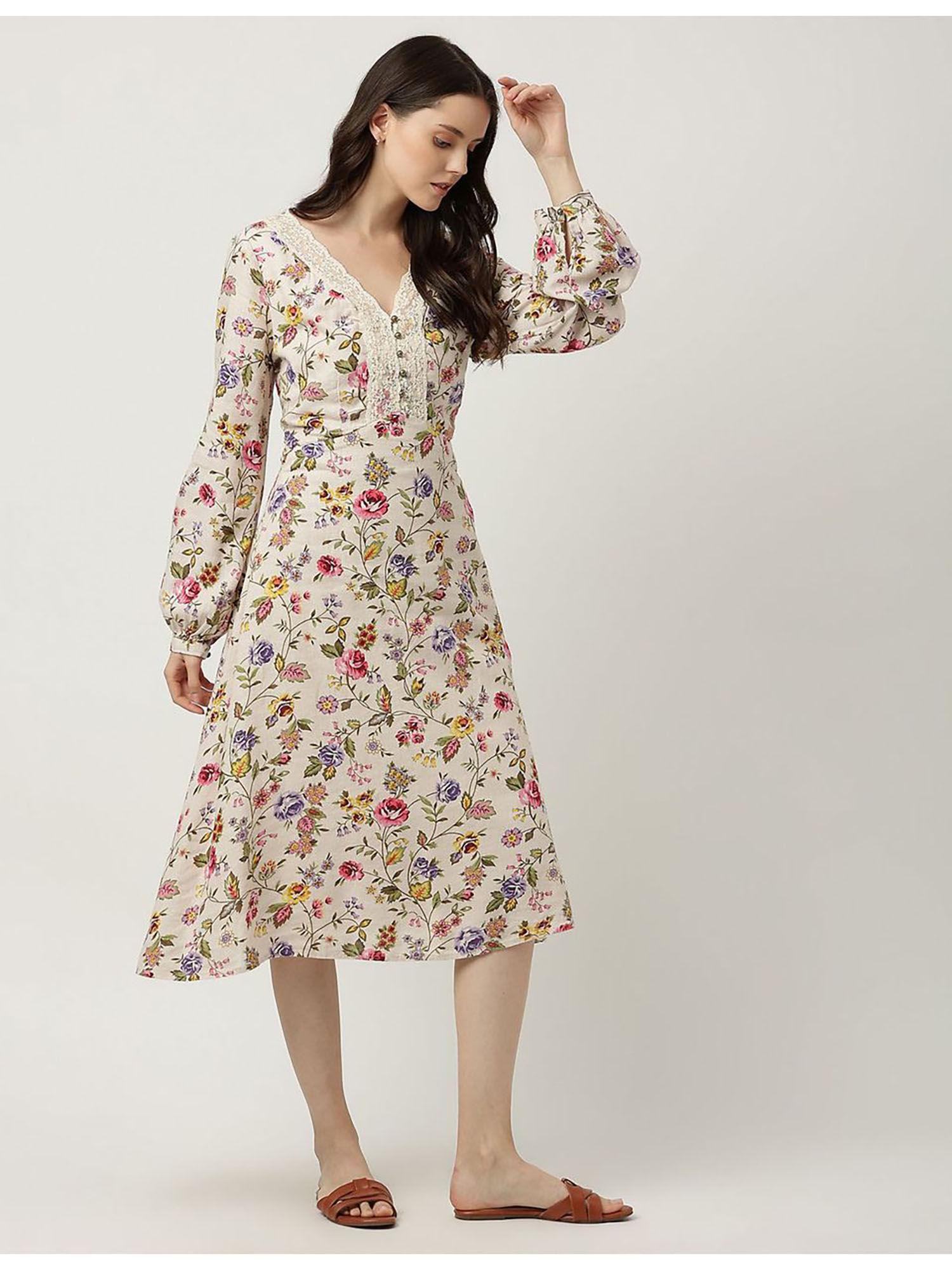 cream linen mix floral print v-neck dress