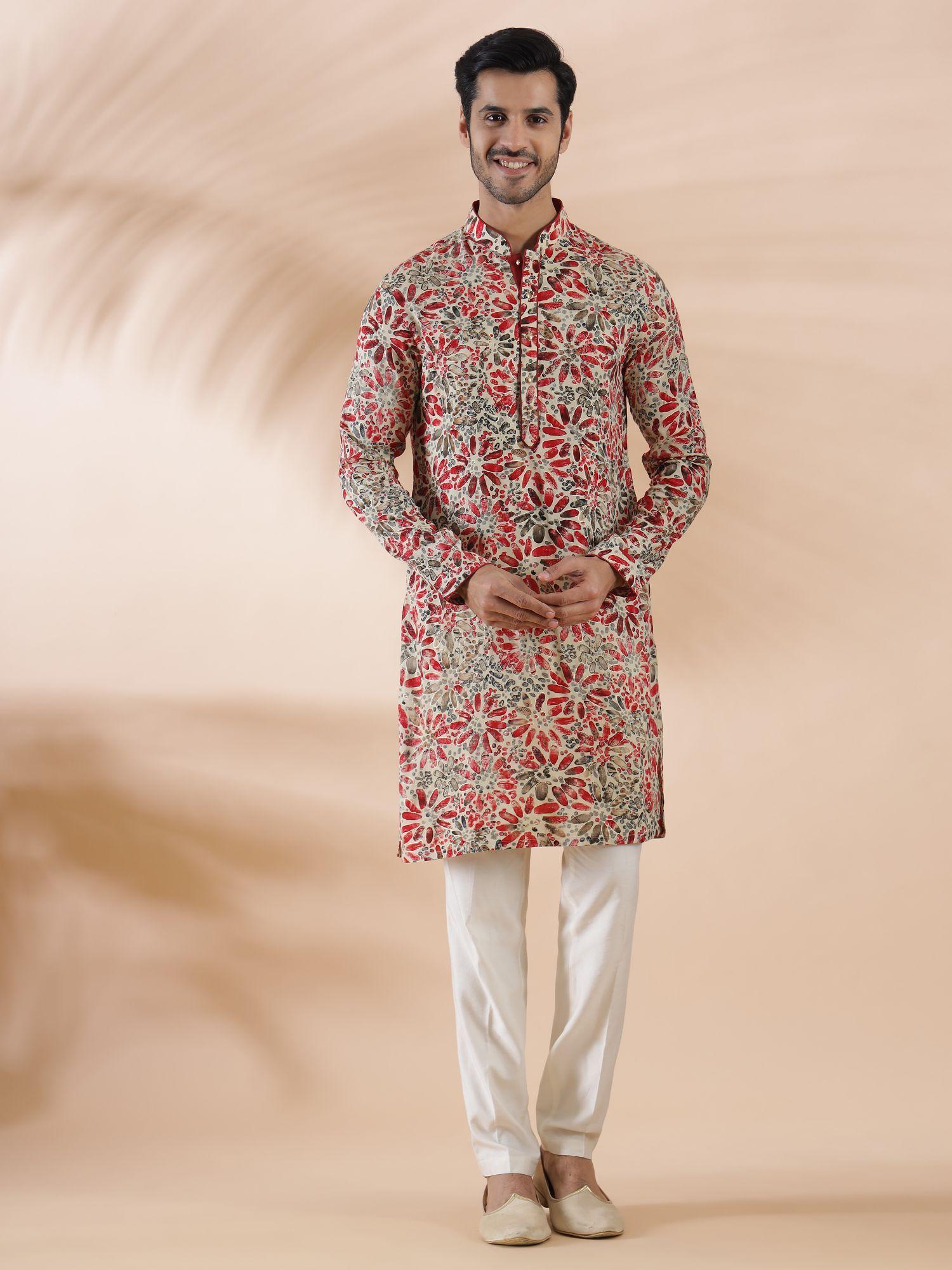 cream maroon printed cotton blend kurta