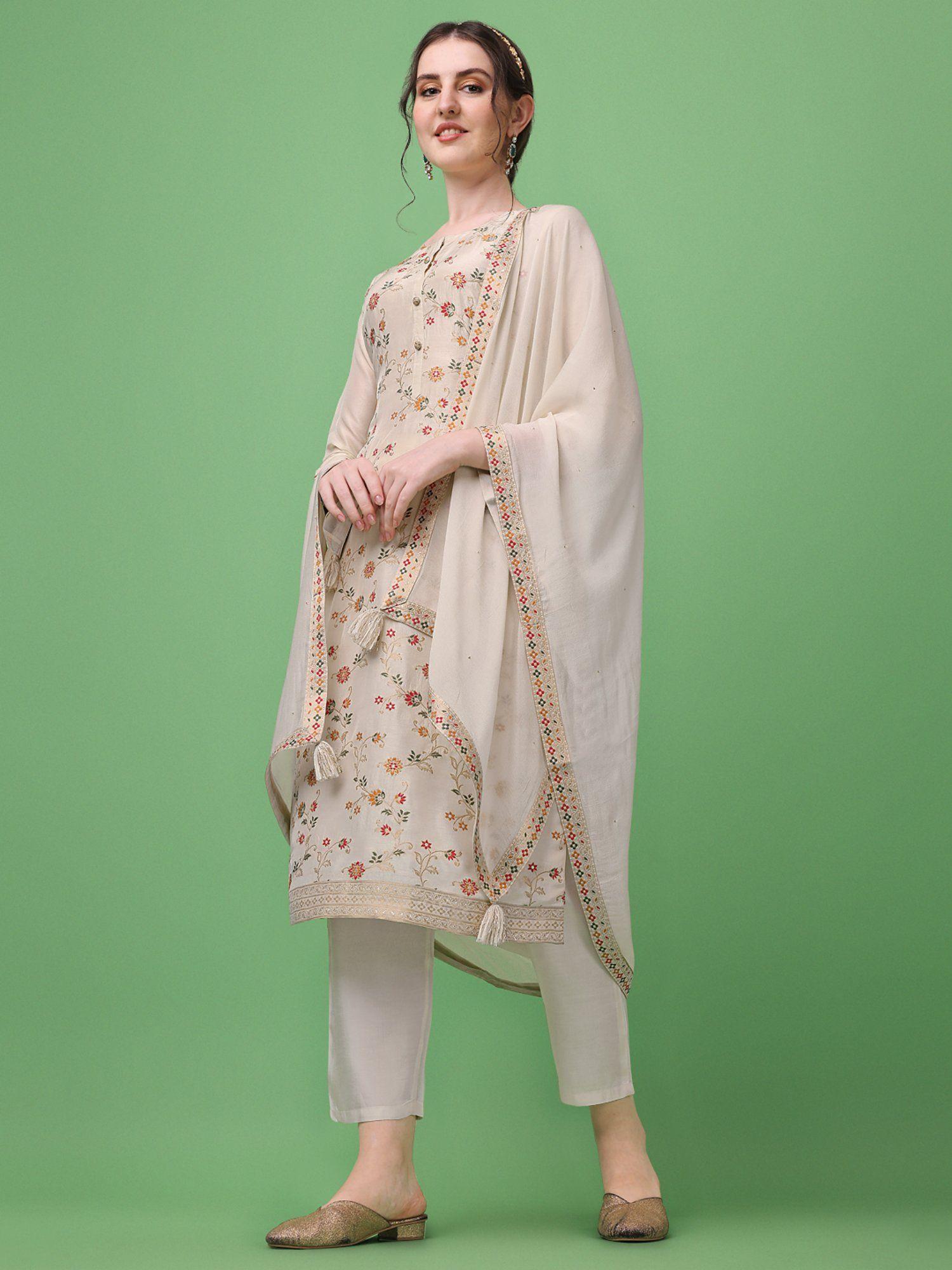 cream meena jacquard kurti with chinon handwork dupatta and trouser (set of 3)