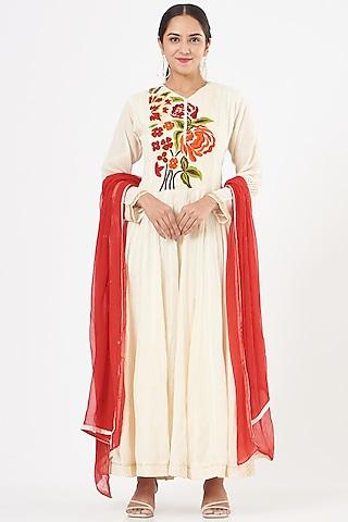 cream mulmul anarkali set