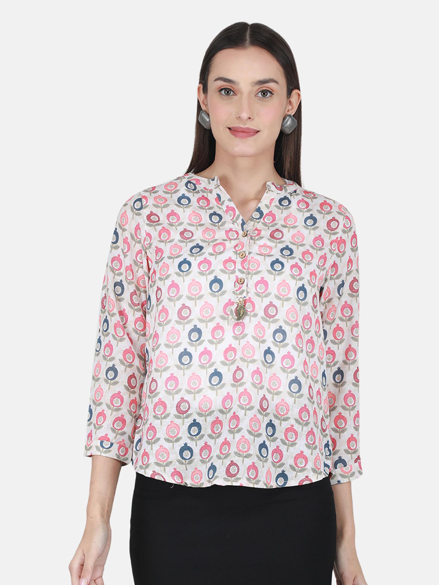 cream multi printed mandarin collar top