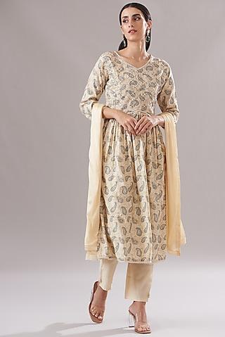 cream muslin printed & embroidered anarkali set