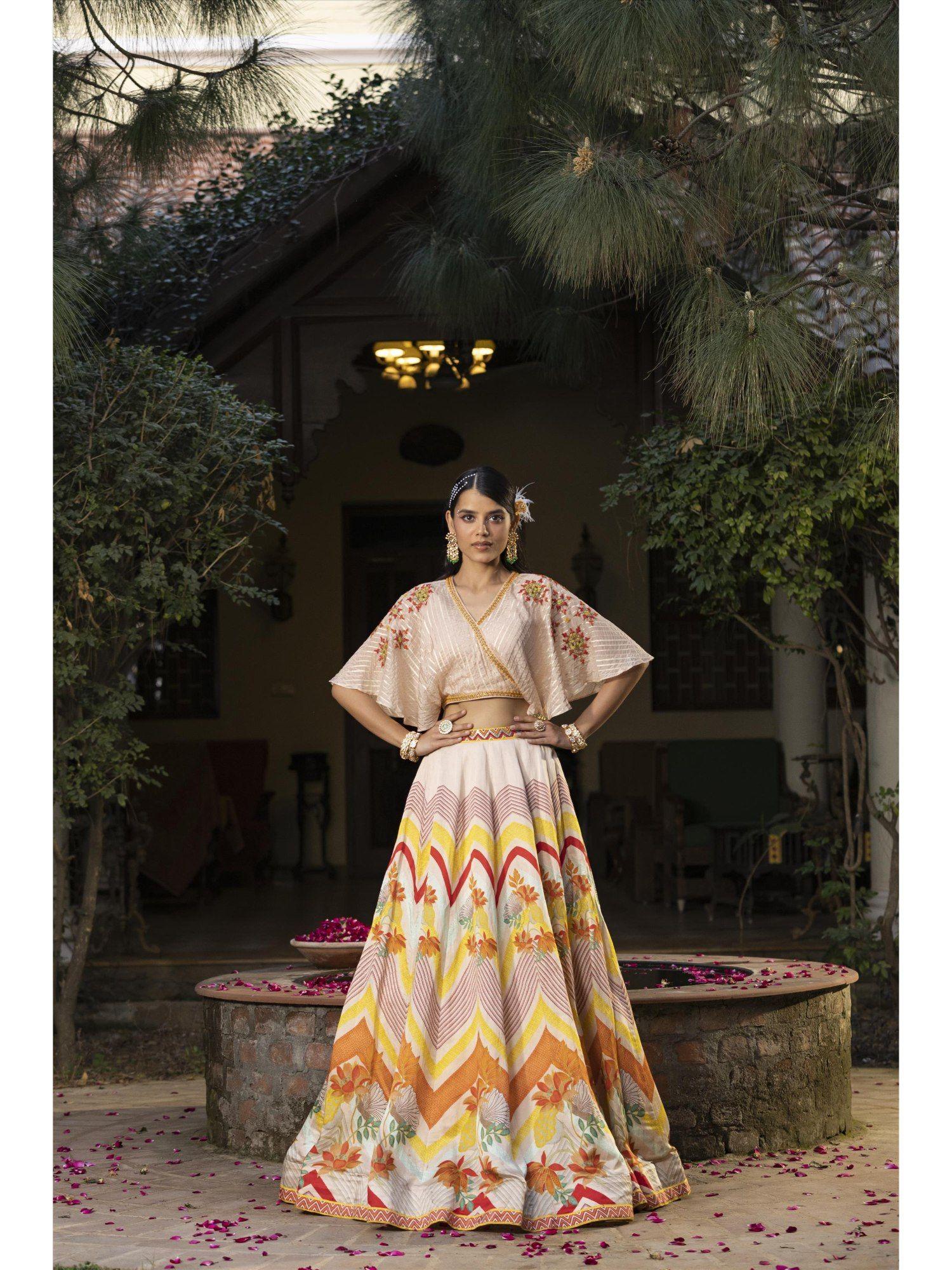 cream organza poncho style top with linen satin fusion lehenga (set of 2)