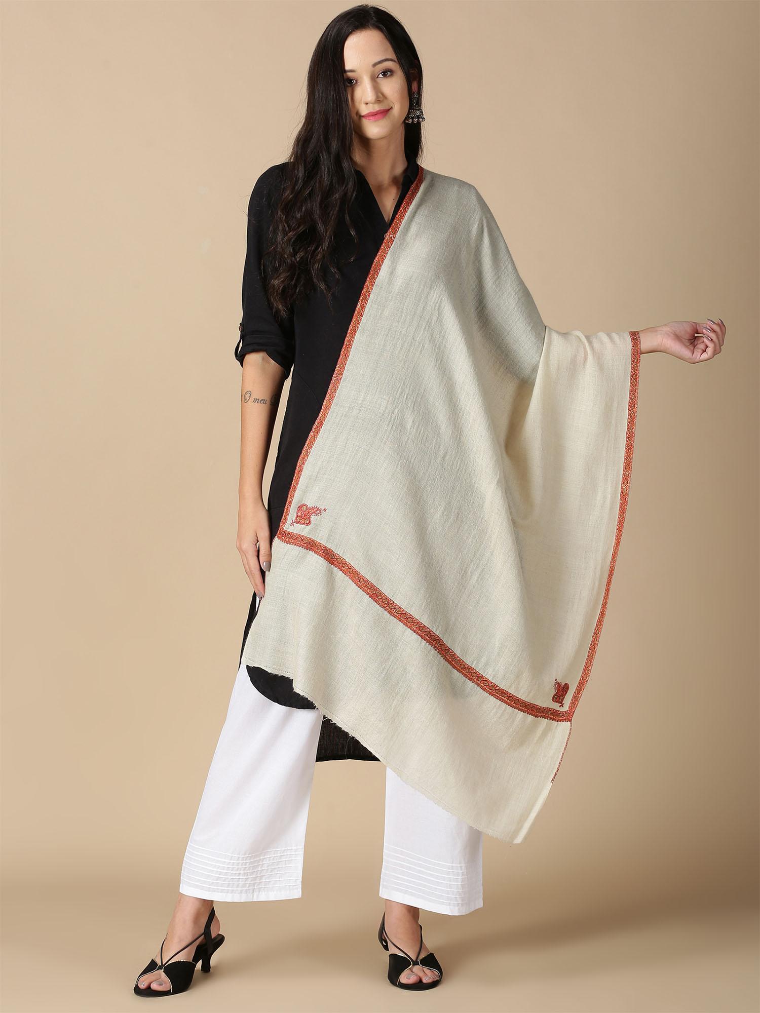 cream pashmina stole with fine embroidered border