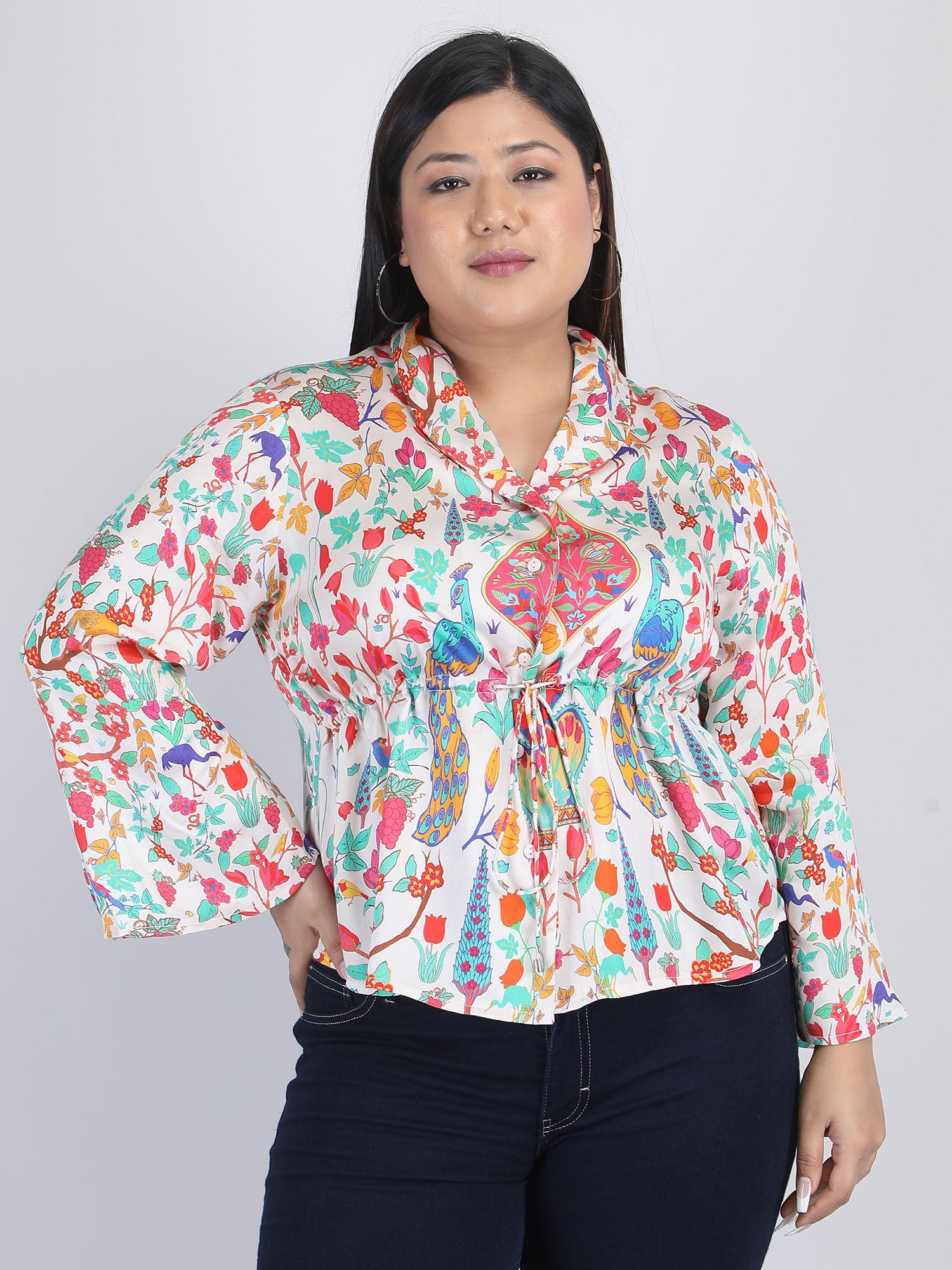 cream peacock print long sleeves casual top for women