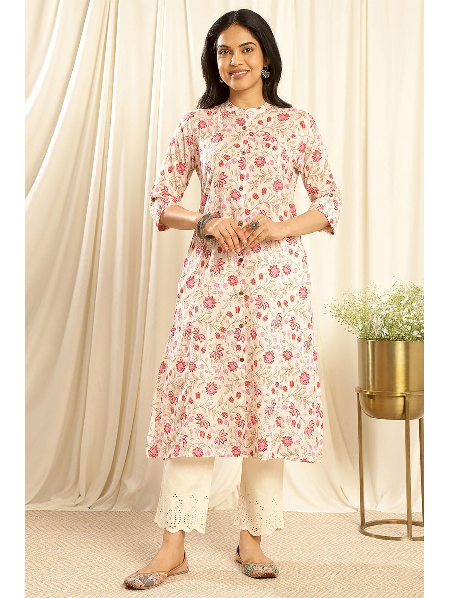 cream pink a line cotton kurta