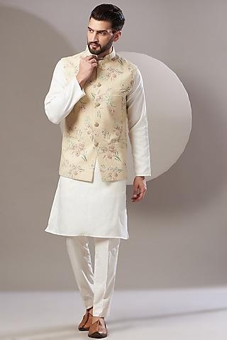 cream pista embroidered nehru jacket