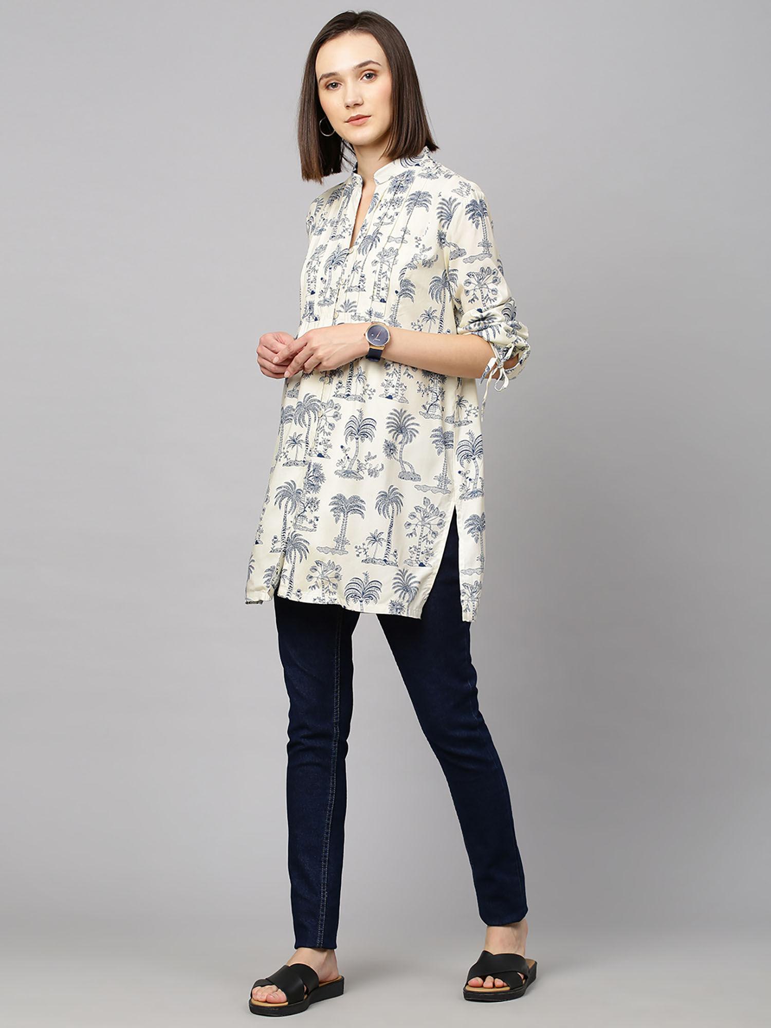 cream pleated yoke printed kurta