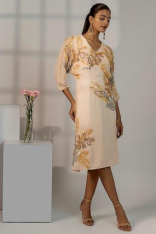 cream polyester georgette & viscose georgette embroidered dress