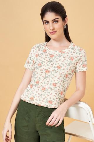 cream print casual half sleeves round neck women regular fit  t-shirt