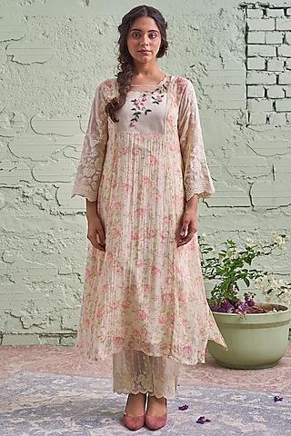 cream printed & hand embroidered kurta set