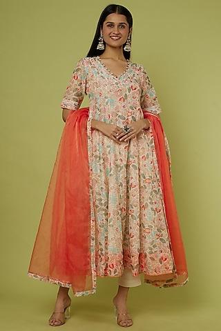 cream printed anarkali set