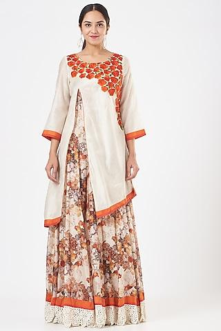 cream printed anarkali with attached top