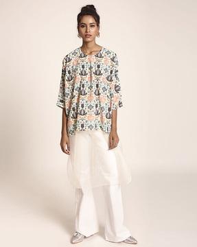 cream printed art crepe & organza kaftan tunic