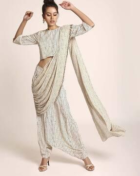 cream printed art crepe crop top & low crotch pants with attached drape dupatta